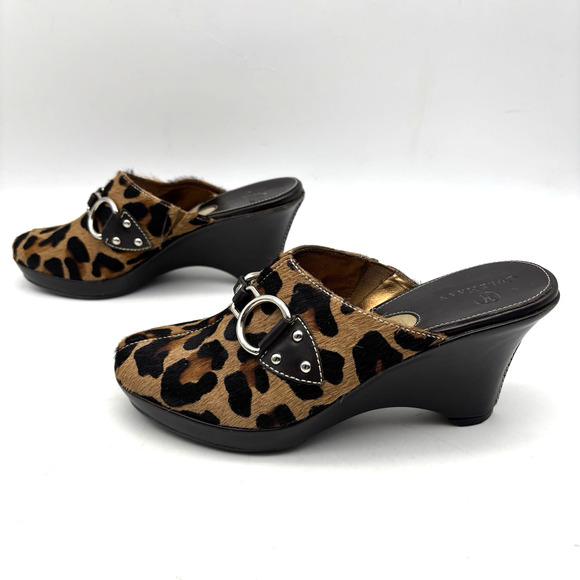 Cole Haan D18331 Leopard Print Cow Hair D-ring Brown Leather Wedge Clogs 6B - Picture 2 of 16